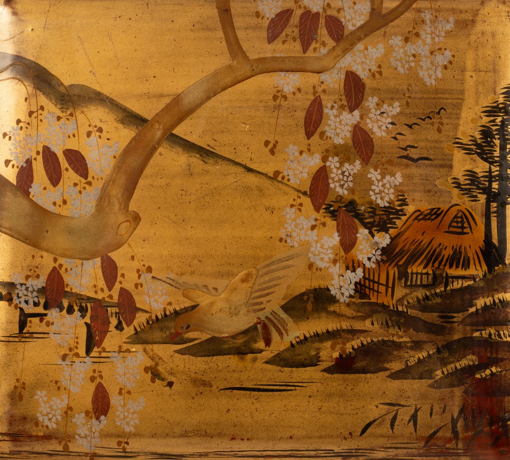A 19th Century Japanese lacquer panel painted a lake landscape with cottage, 15. - Image 2 of 3