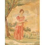 An early 19th Century needlework picture of a woman wearing a red dress,