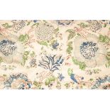A pair of floral curtains, lined and interlined, the pinch pleat top 120cm wide,