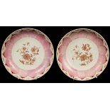 A pair of Chinese export plates, Qianlong, moulded and painted with pink lotus leaves, 21.