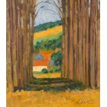 George Devlin (1937-2014)/Val D'Oise/a village glimpsed through an avenue of trees/signed/oil on