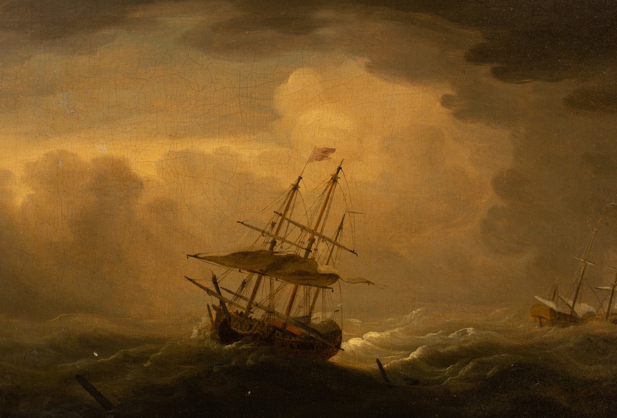 Attributed to Charles Brooking (1723-1759)/Ships on a Stormy Sea/oil on canvas, 24cm x 34.