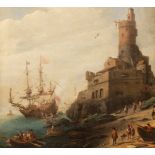 Follower of Abraham Willaerts/A Galleon Offshore/by a fortress with numerous figures in the