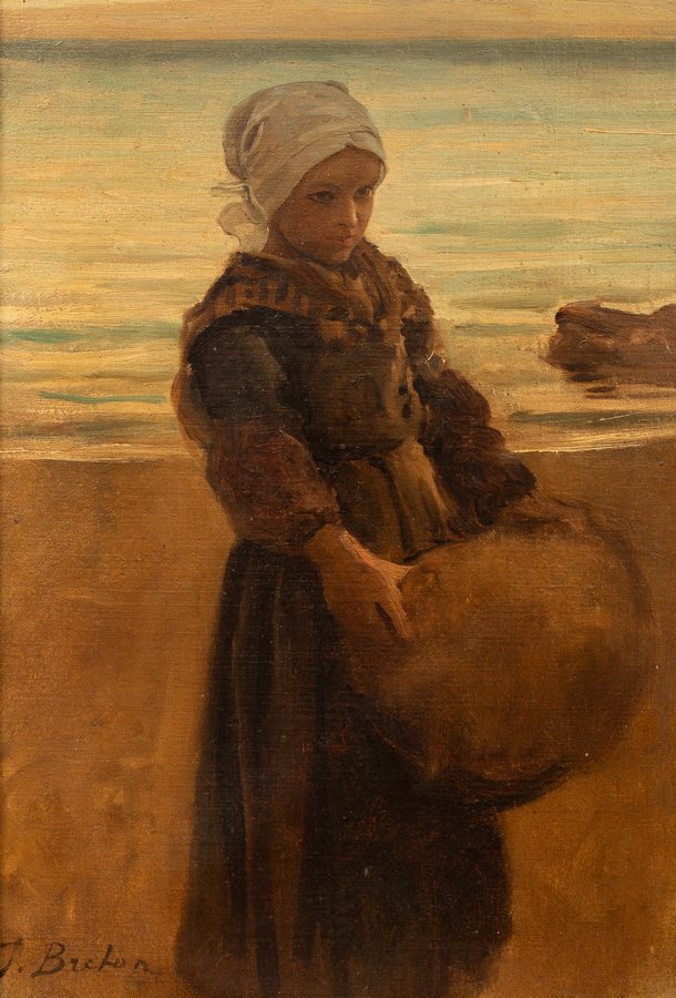 Jules Breton (1827-1906)/Breton Girl by the Coast/signed/oil on canvas, 34.5cm x 23.