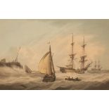 Samuel Atkins (fl. 1787-1808)/Shipping/in a swell off the coast/signed/watercolour, 20.