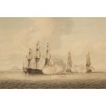 Dominic Serres (1722-1793)/British and French Men O' War/firing broadsides with an island