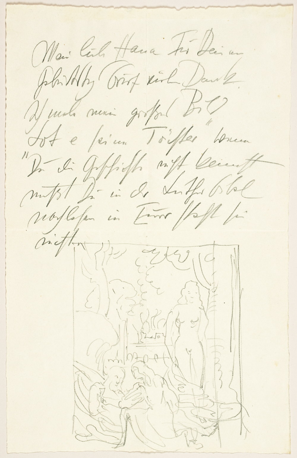 Otto Dix. Eigenhändiger Brief mit Bleistiftzeichnung (Bildskizze »Lot und seine Töchter«).