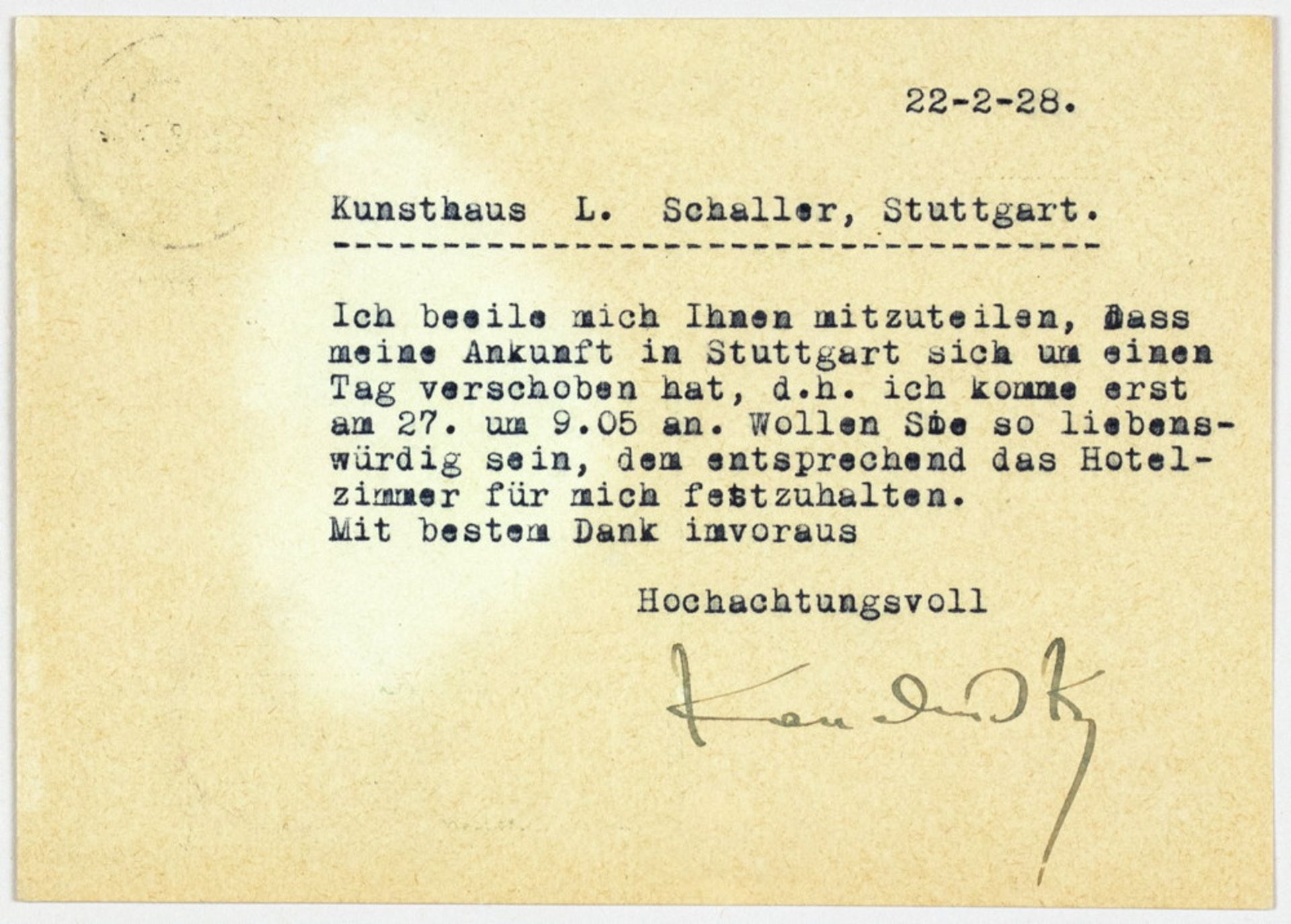 Wassily Kandinsky. Postkarte mit eigenhändiger Unterschrift.