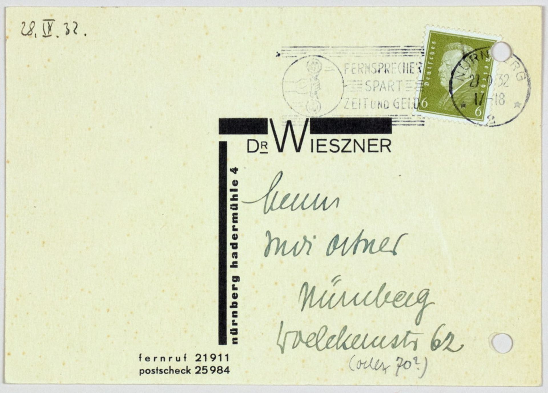 Georg Gustav Wieszner. Visitenkarte mit eigenhändigem Gruß und eigenhändige Briefkarte, beide mit Un