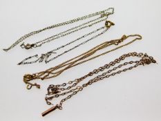Four yellow metal necklaces, electronically test a