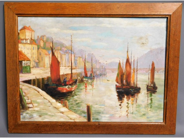 A 19thC. oil on paper in oak frame depicting Looe