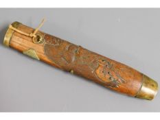 An antique Chinese bamboo flask/scabbard with carv