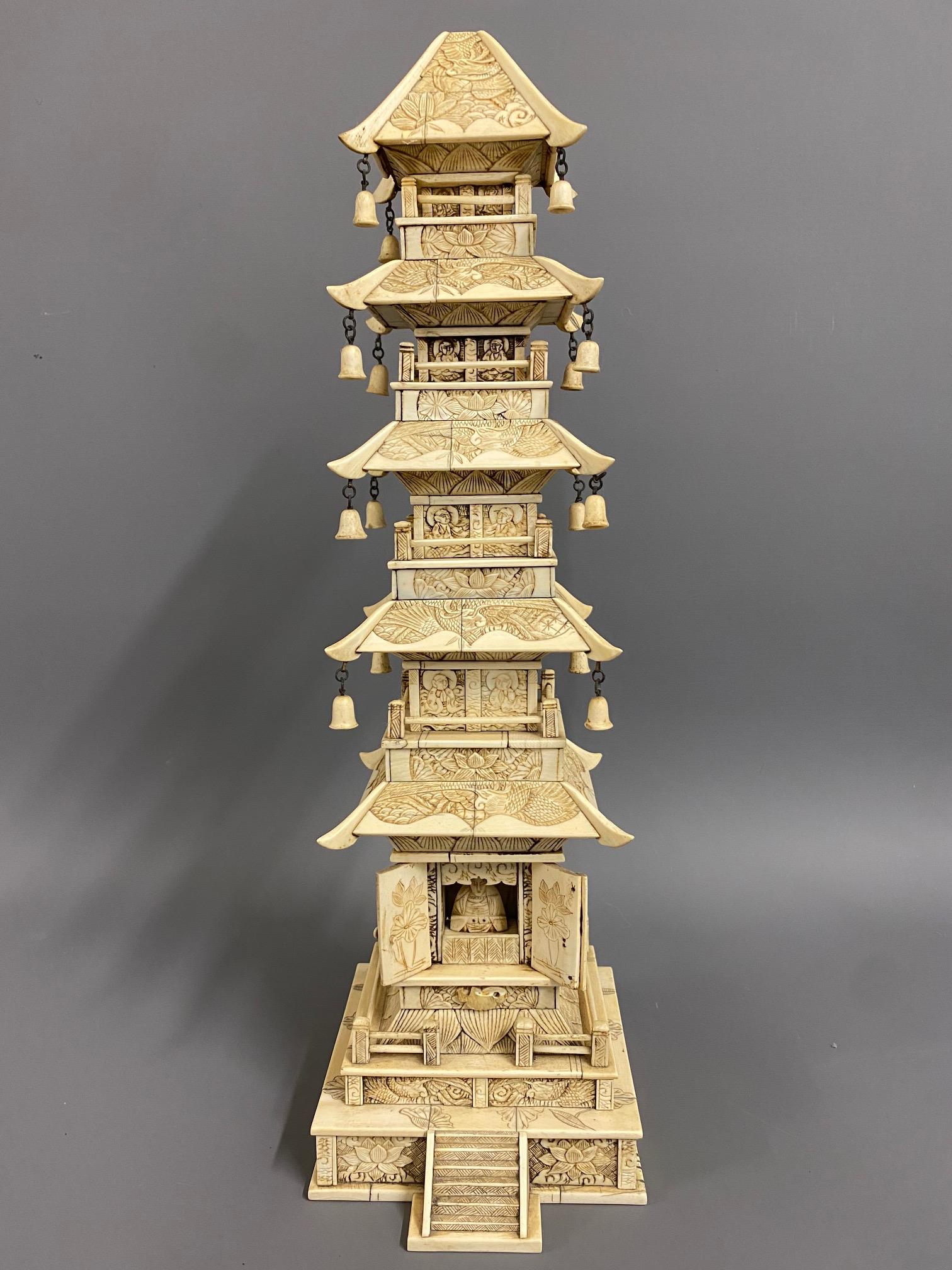 A 19thC. Chinese carved ivory tower with small Bud - Image 2 of 4