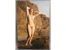 A mid 20thC. William Turner oil on panel study of nude woman on beach, signed & dated 1953, 36.75in