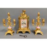 A 19thC. gilt bronze ormolu French clock garniture