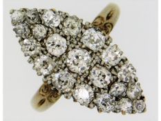 A yellow metal Victorian style marquise shaped diamond cluster ring, electronically tests as 14ct go