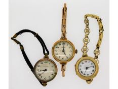 Three ladies watches, all 9ct gold cased only a/f