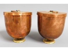 A pair of Victorian brass footed, tin lined lidded copper ice cream coolers stamped Harrods, 4.5in t