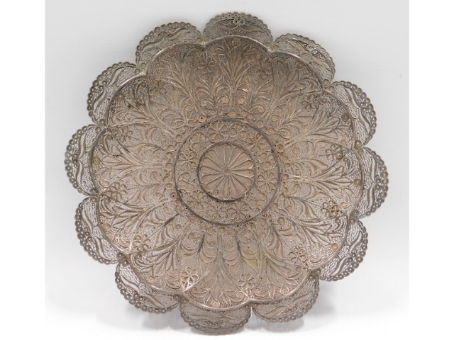 An ornate Asian filigree work tray, tests as silve