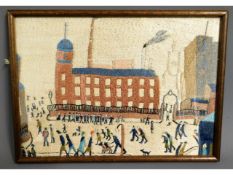 A framed needlepoint picture after Lowry, image 12