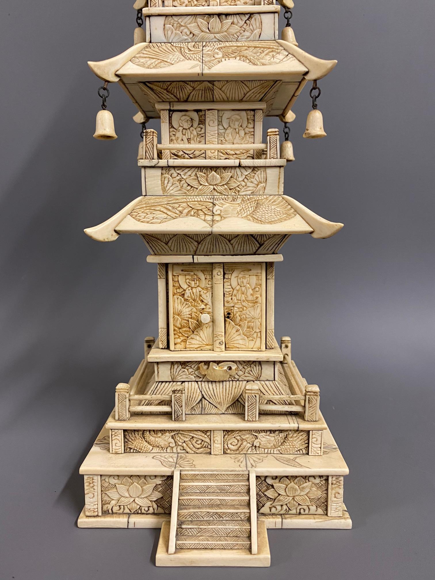 A 19thC. Chinese carved ivory tower with small Bud - Image 4 of 4