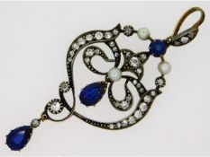 A yellow metal Victorian diamond, pearl & Kashmir style sapphire pendant, electronically tests as 15