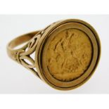 A 9ct gold mounted half sovereign ring, sovereign