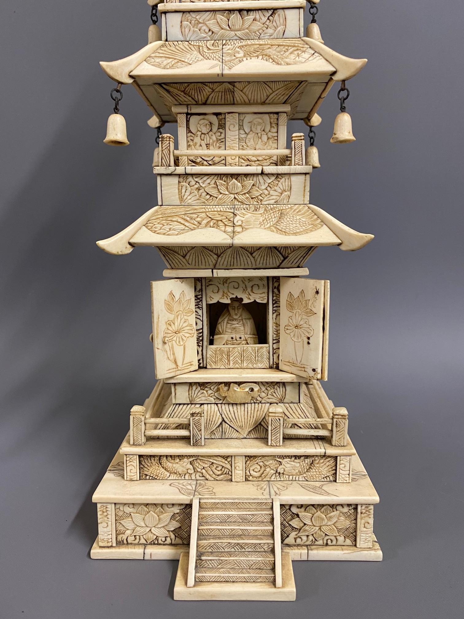 A 19thC. Chinese carved ivory tower with small Bud - Image 3 of 4