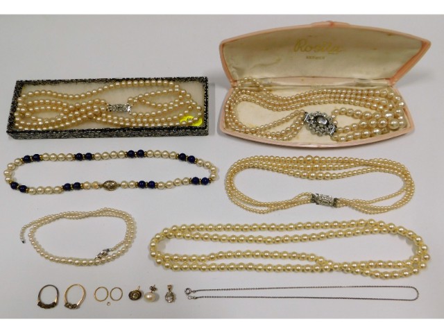 A quantity of costume pearl necklaces & other costume items including a 9ct gold pearl earring twinn