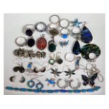 A selection of silver & white metal fashion jewellery, including a pair of 9ct Albalone earrings, ap