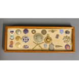 A cased selection of mixed badges & buttons includ