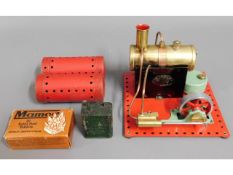 A Mamod stationary steam engine, 6.5in square base & accessories including miniature fuel can, with