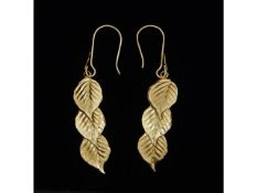 A pair of 9ct gold leaf shaped earrings, 0.5g, 20mm drop