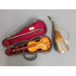 A cased novelty miniature violin twinned with a ho