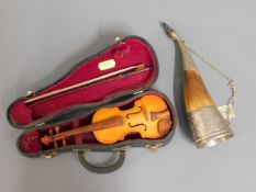 A cased novelty miniature violin twinned with a ho