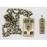 Two silver ingots & a 20in silver chain, 43g