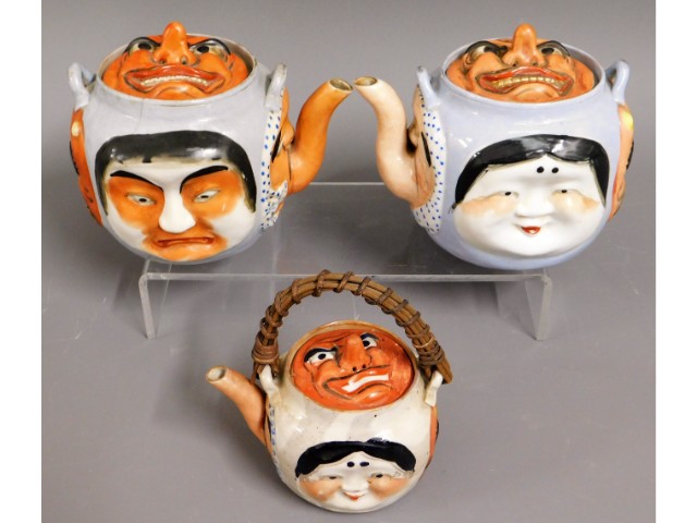 Three late 19thC. Japanese Banko "five Noh mask" t