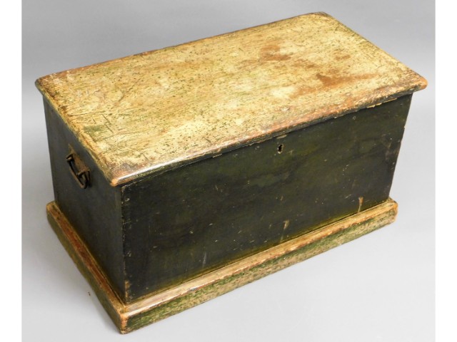A small stained antique trunk, lid detached 25.5in