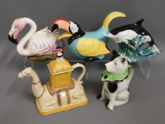 Five animal related novelty teapots: Flamingo, Tou