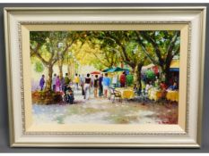 A framed oil on panel of French continental street