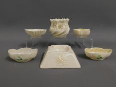 Six pieces of Belleek Irish porcelain including fo