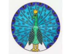 An enamelled sterling silver brooch with peacock d