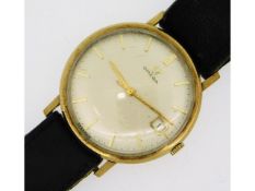 A gents yellow metal Omega wrist watch, tests as at least 9ct gold with date window, inscription to