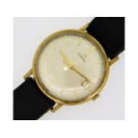 A gents yellow metal Omega wrist watch, tests as at least 9ct gold with date window, inscription to