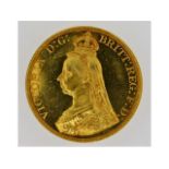 An 1887 Victorian 22ct gold proof £5 sovereign, 40