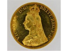 An 1887 Victorian 22ct gold proof £5 sovereign, 40