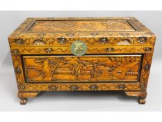 A Chinese carved camphor wood chest, 40.25in wide