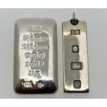 A fine silver bullion ingot, 100g, twinned with a