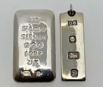 A fine silver bullion ingot, 100g, twinned with a