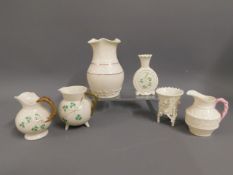 Six pieces of Belleek Irish porcelain, tallest vas
